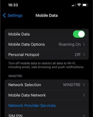 open mobile data options in settings