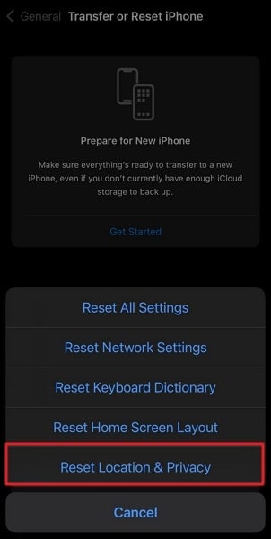 choose reset location and privacy