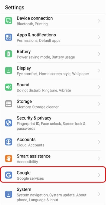 android select google in settings