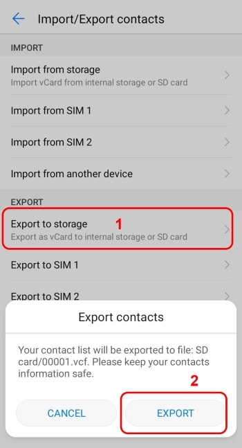 android export contacts to storage