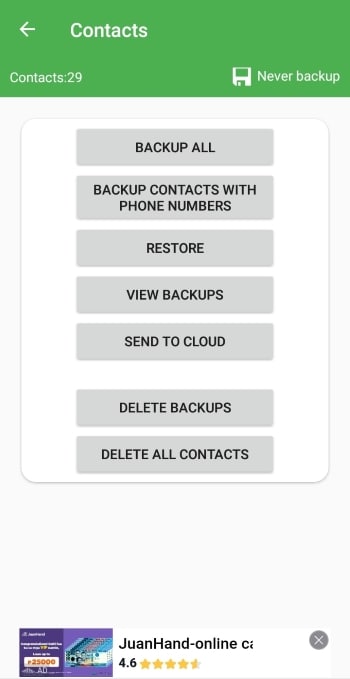backup contacts interface