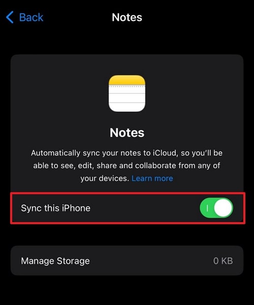 enable sync this iphone option