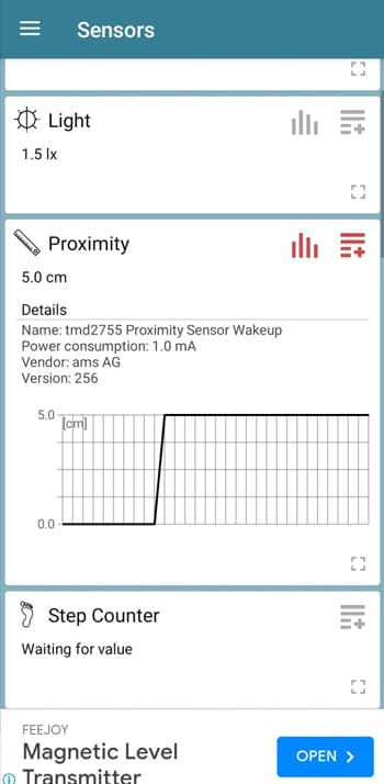 Sensor Test app proximity test features.