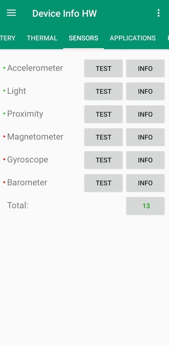 DeviceInfo HW app sensors test features.