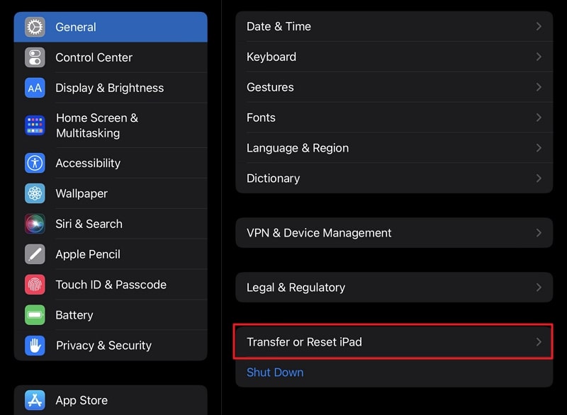 Wählen Sie die Option iPad übertragen oder zurücksetzen