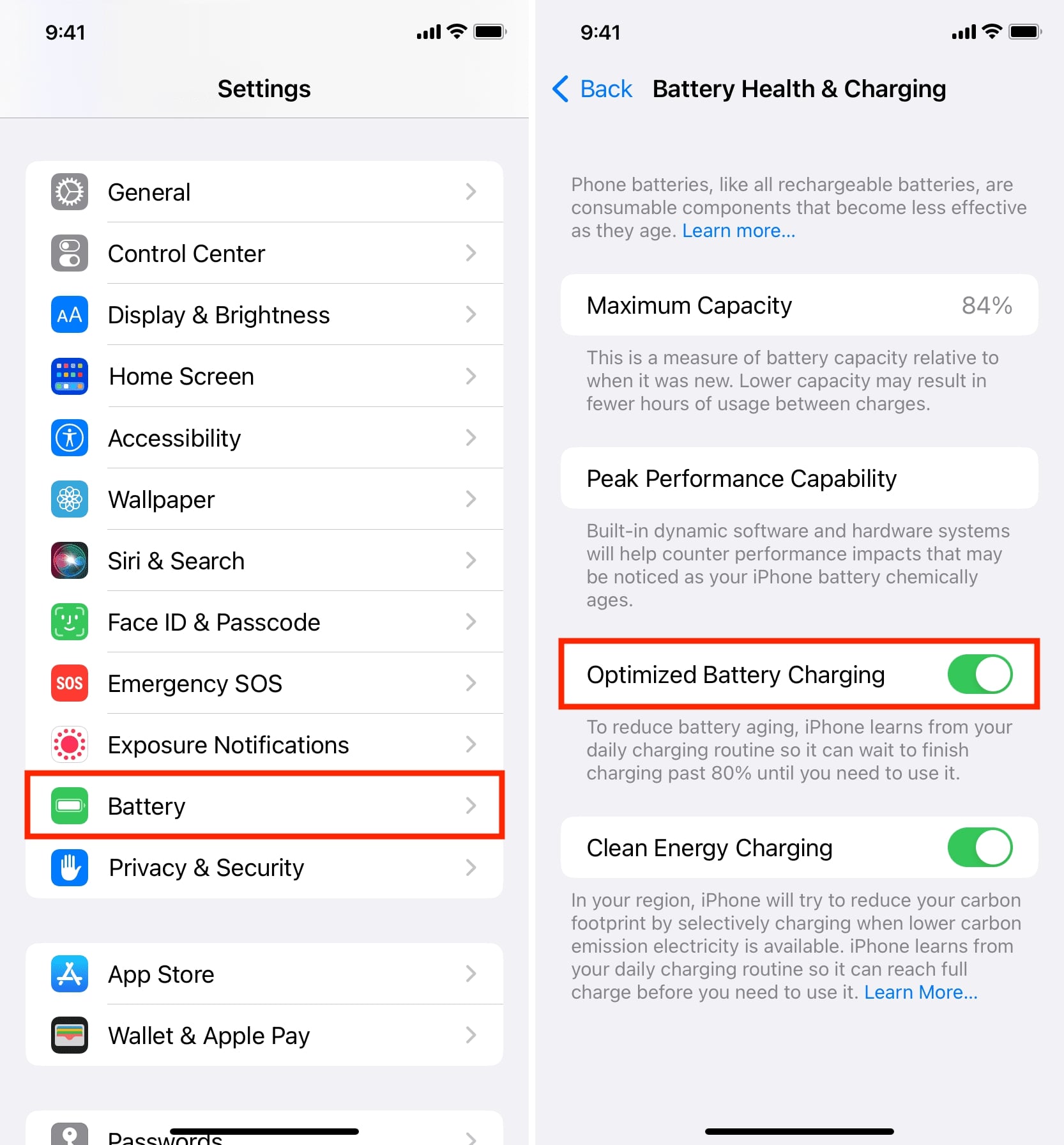 iphone battery health and charging settings