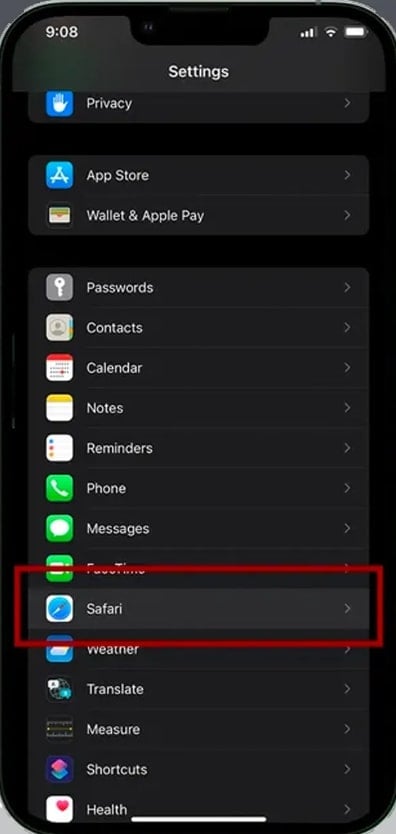 finding safari in settings on iphone