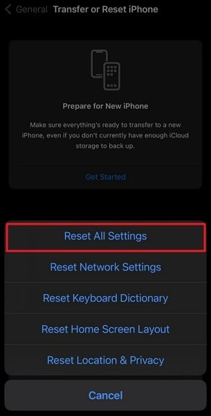 tap reset all settings