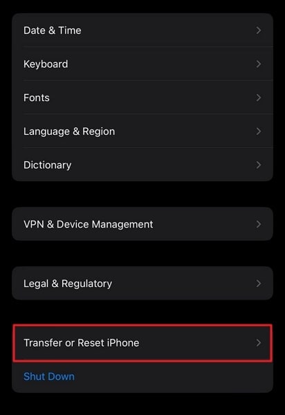 tap transfer or reset iphone