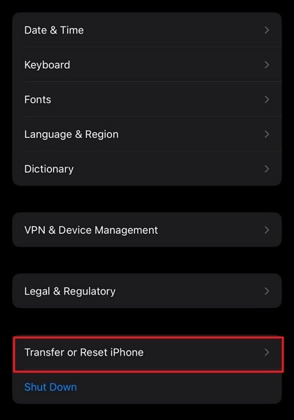 tap on transfer or reset iphone
