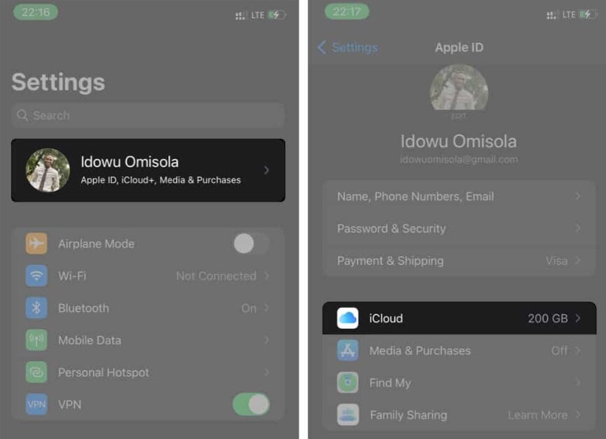 iphone icloud options in settings
