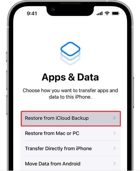tap on restore from icloud backup