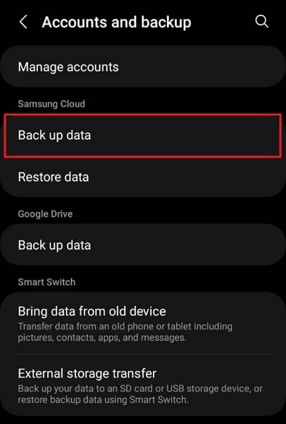 choose back up data option