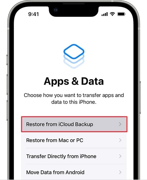 choose restore from icloud backup option