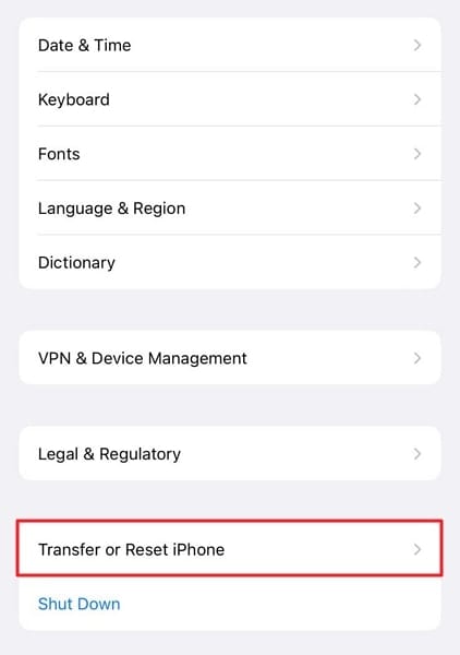 tap transfer or reset iphone