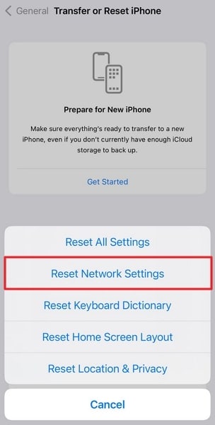 tap on reset network settings