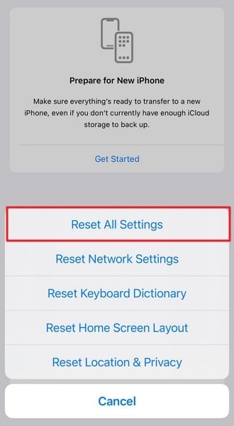 tap on reset all settings