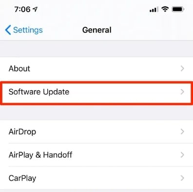Opción de "Actualización de Software" en el iphone