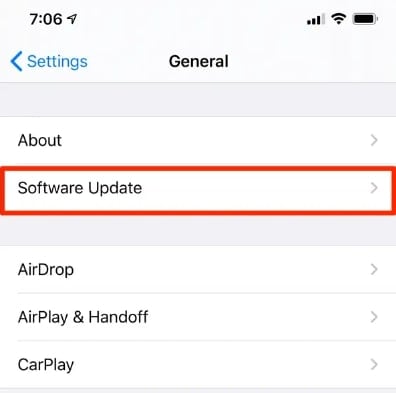 خيار تحديث البرنامج على iphone