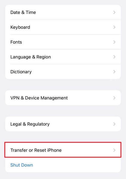 tap reset or transfer iphone