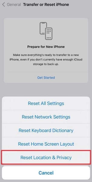 choose reset location and privacy