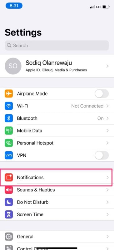 notifications in iphone settings