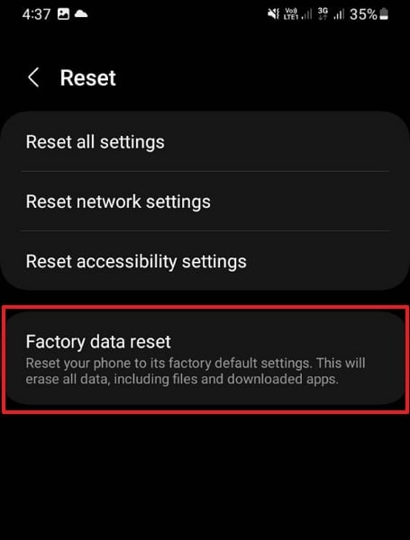 tap on factory data reset
