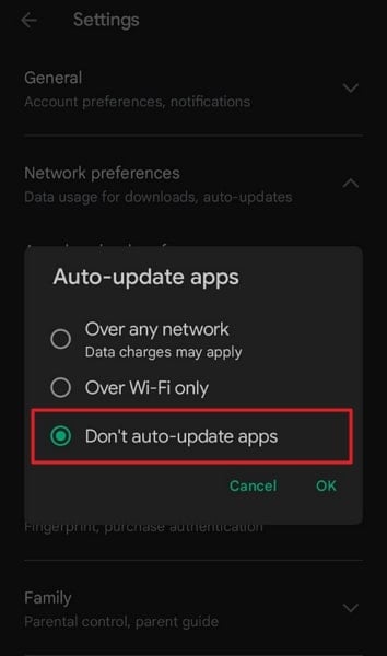 Activa la opción no actualizar apps automáticamente