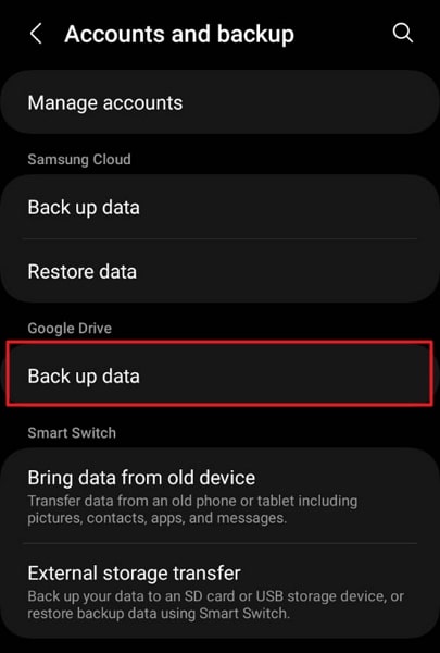 choose back up data option