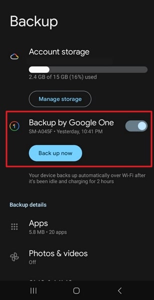 enable backup by google one