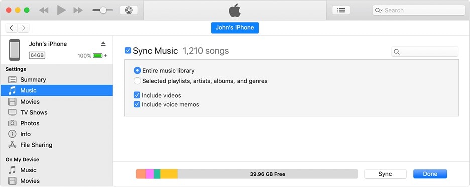 مربع اختيار iTunes بجوار مزامنة الموسيقى