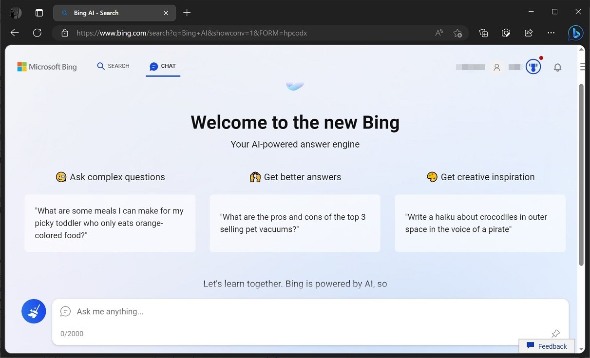 Nueva interfaz de Bing