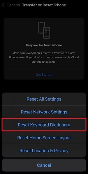 choose reset keyboard dictionary option