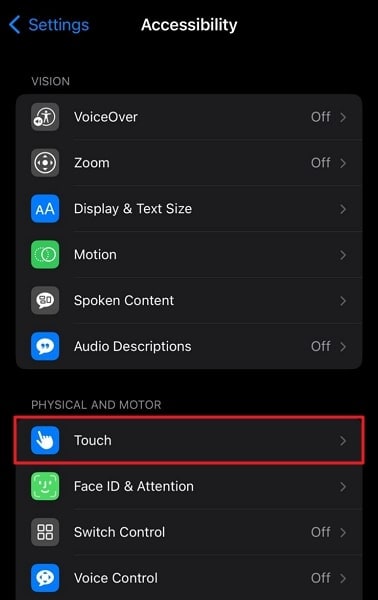 access the touch options
