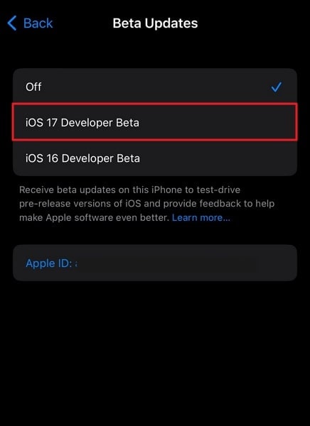 Wählen Sie die Option iOS 17 Entwickler-Beta