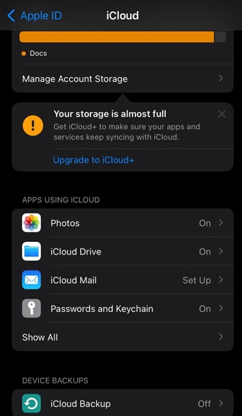 Open iCloud setting for iPhone automatic backup.