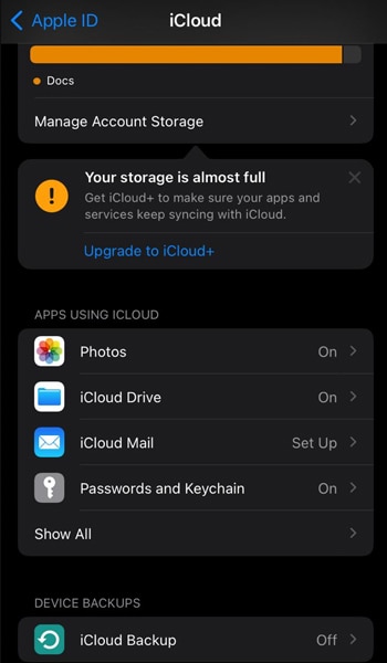 Checking iCloud storage for troubleshooting backup failure.