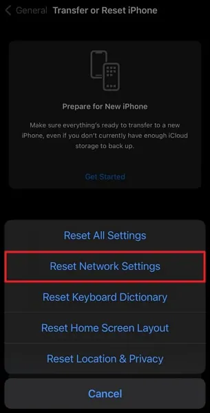 tap on reset network settings