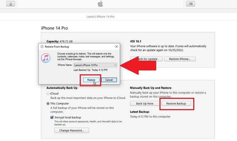 choose the iphone itunes backup