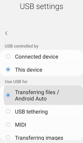 Allow Android to transfer files to the computer