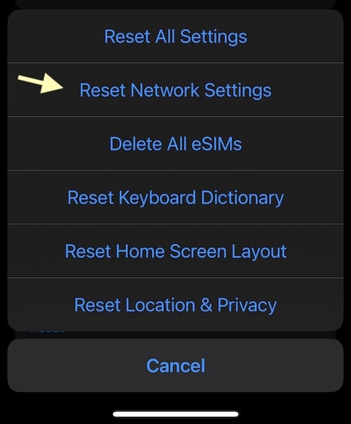 iphone reset network settings