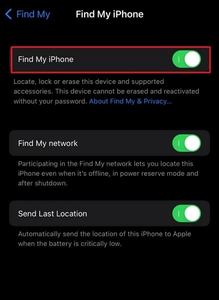 turn off find my iphone feature