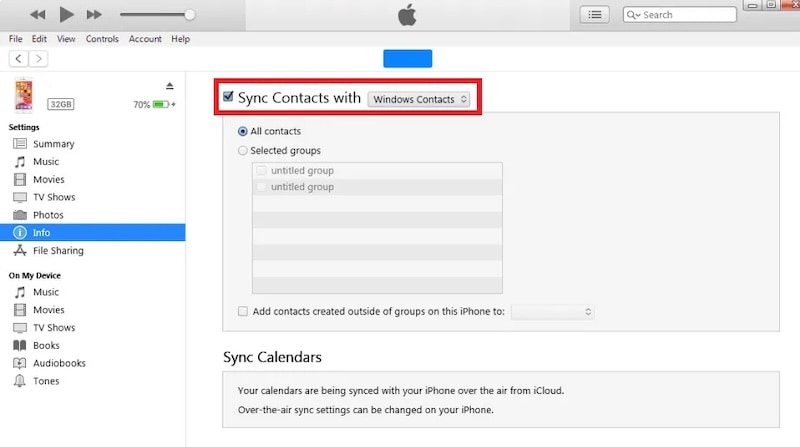sync contacts itunes to windows