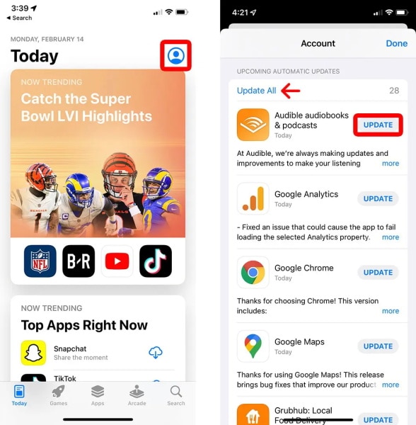 fix iphone blue screen - update a single app