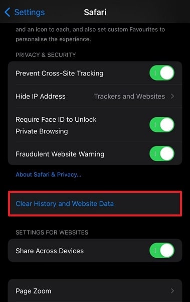 tap clear history and website data