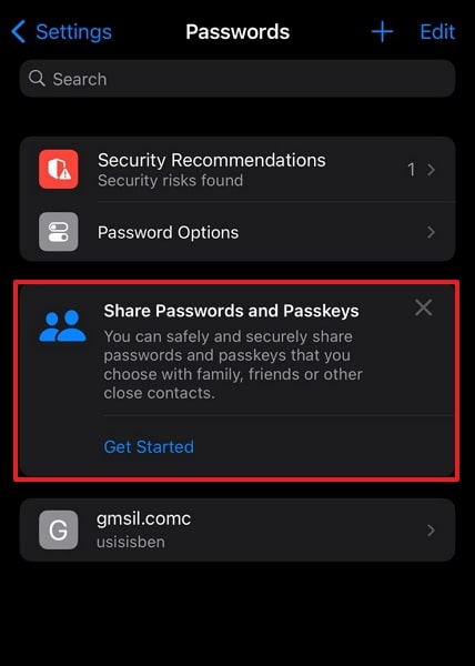 opzione di condivisione della password di accesso