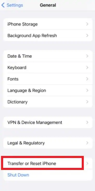 transfer or reset iphone in settings