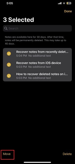select notes to recover