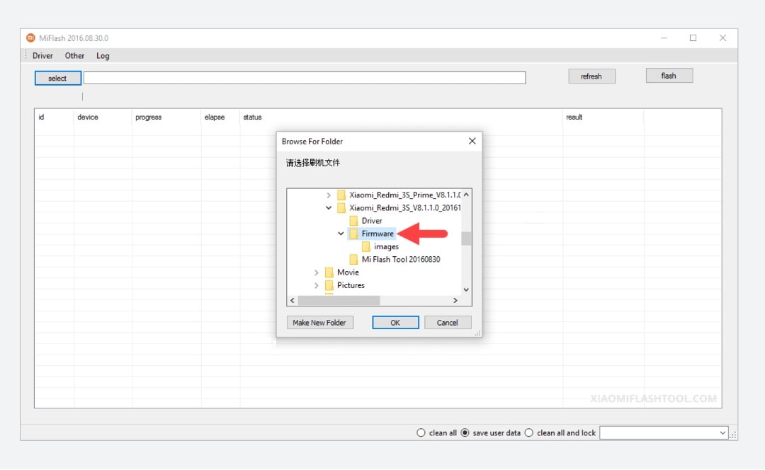 xiaomi flash tool browse for folder menu