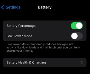Enabling Low Power Mode on iPhone.